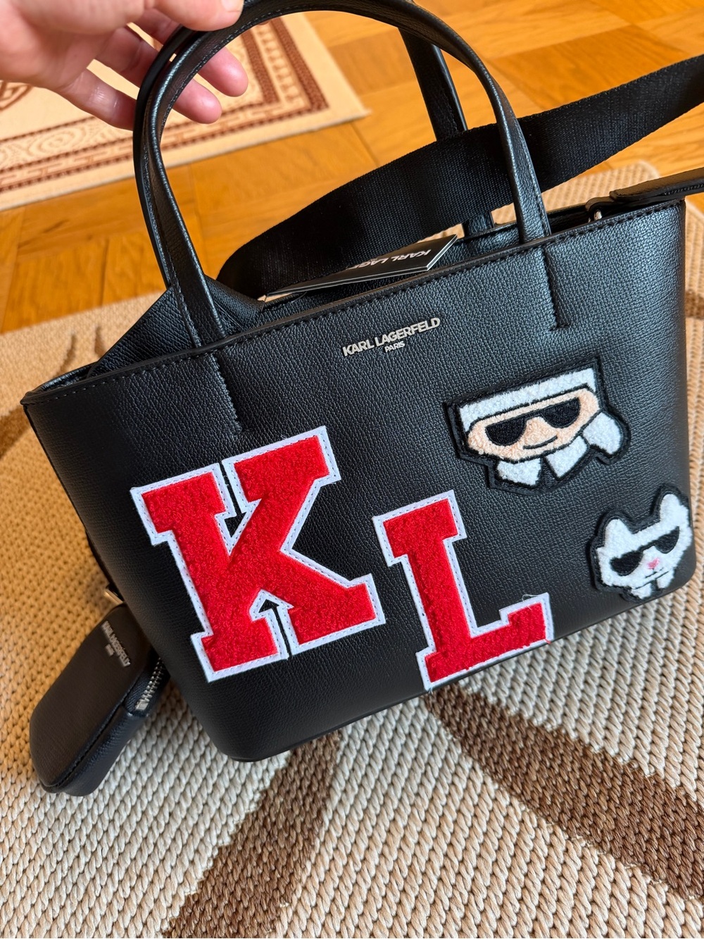 Karl Lagerfeld Black Tote with Bold Red KL Felt Patches